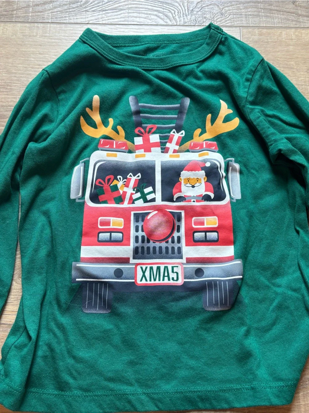 The Children's Place Green Holiday Firetruck Tee with Red & White Graphics